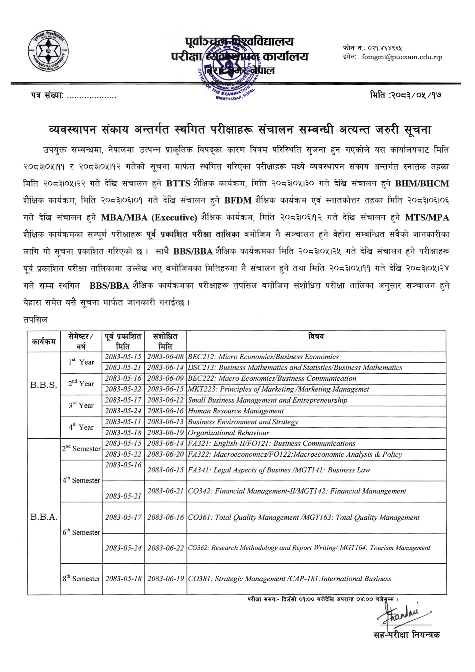 Faculty of Management Posponded Exam Notice